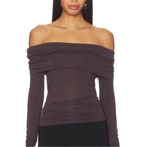 SKIMS Off-Shoulder Long Sleeve Top in Dark Brown